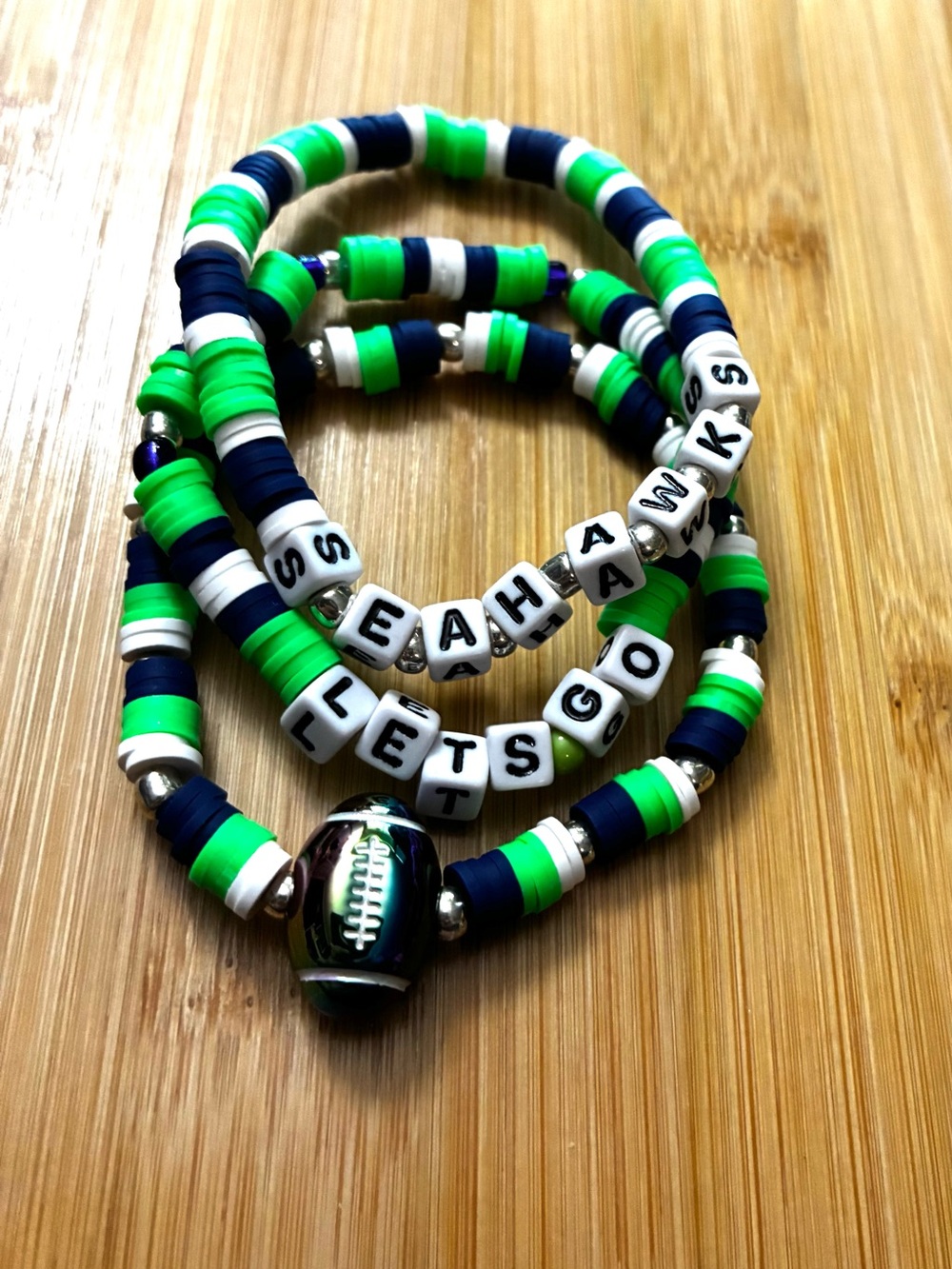 Football Seahawks Beaded Stretch Bracelet Set - Green & Navy